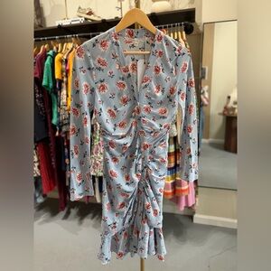 Veronica Beard silk rusched floral ruffle dress